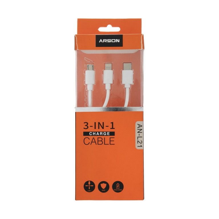 کابل شارژ USB به USB-C/ لایتنینگ/ microUSB آرسون مدل T 3 طول 1 متر
 رنگ سفید با قابلیت فست شارژ  (رنگ سفید)
   