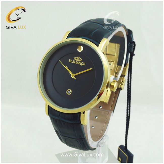 ساعت مچی مردانه بند چرمی سورمه ای  با قاب طلایی الگانس