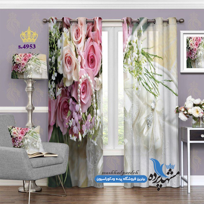 پرده پانچ گلدار طرح دسته گل رُز کد s-4953