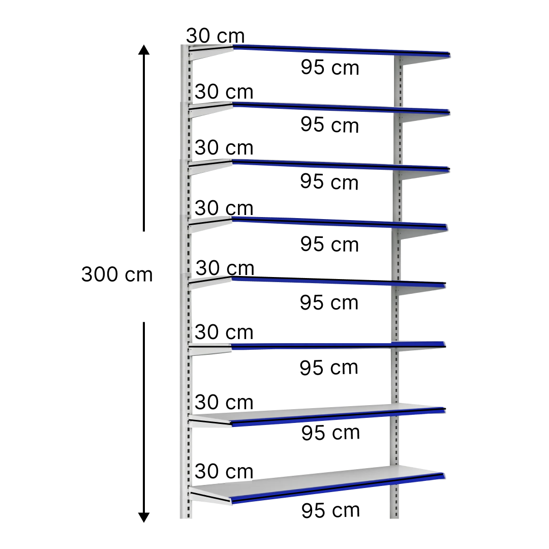 خرید و قیمت قفسه هایپری دیواری 8 طبقه 30x95 ارتفاع 300 - قفسه‌بندی وکیلی