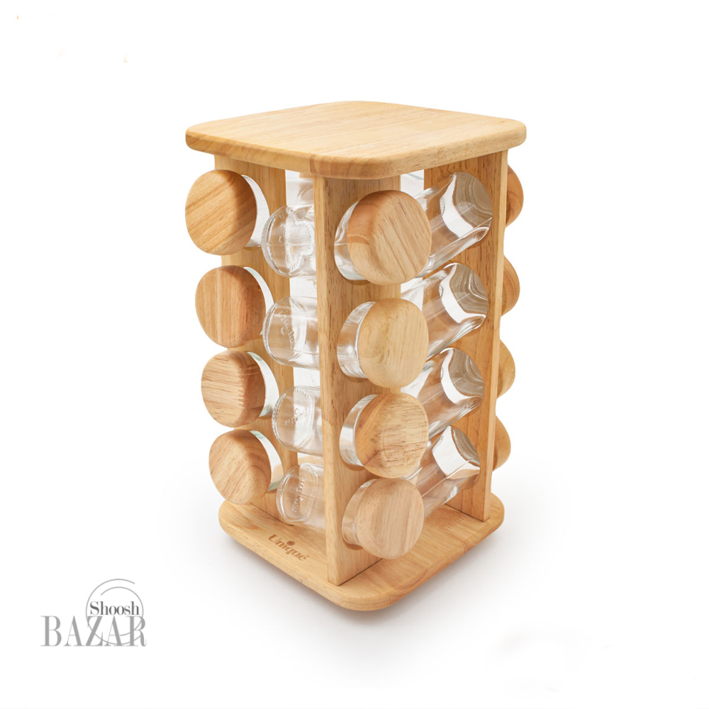 ست جا ادویه 16 تایی گردان مربع چوبی یونیک کد 6112