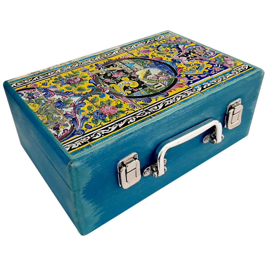 جعبه هدیه چوبی مدل چمدان طرح کاشی سنتی کد WS163
