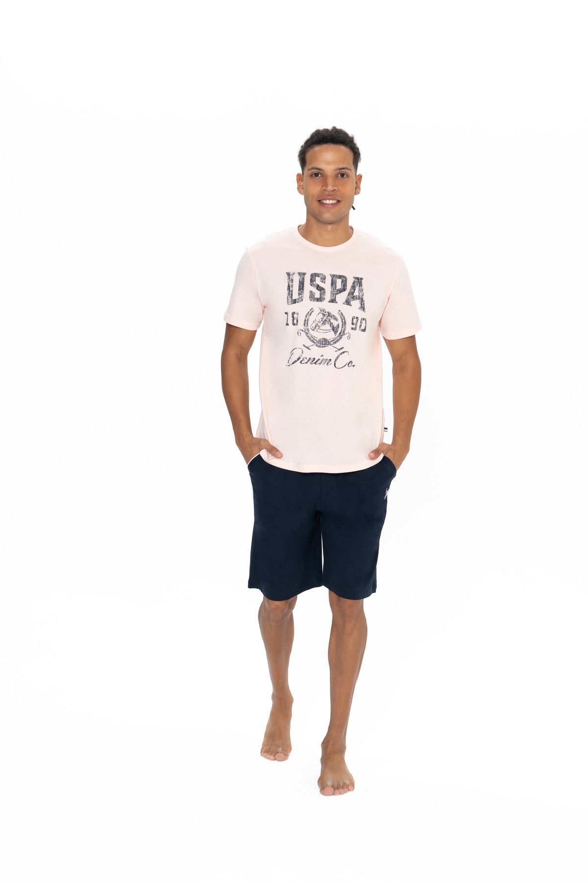 ست پیژامه صورتی مردانه تیم شورت های تی شرت گرد یقه با مجوز اصلی جدید فصل US Polo Assn