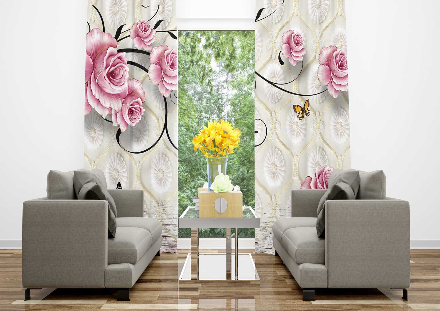 پرده گل صورتی خطی