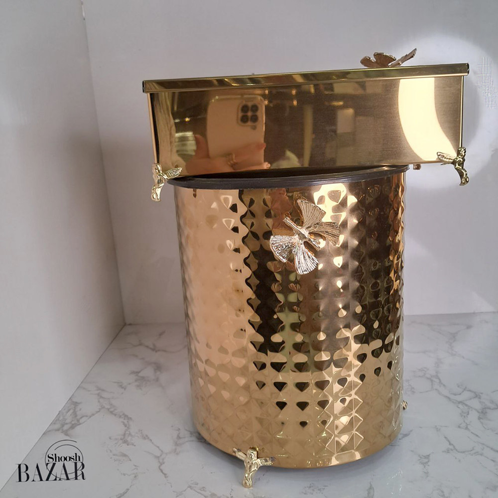 سطل و جای دستمال استیل چکشی طلایی مدل پروانه
