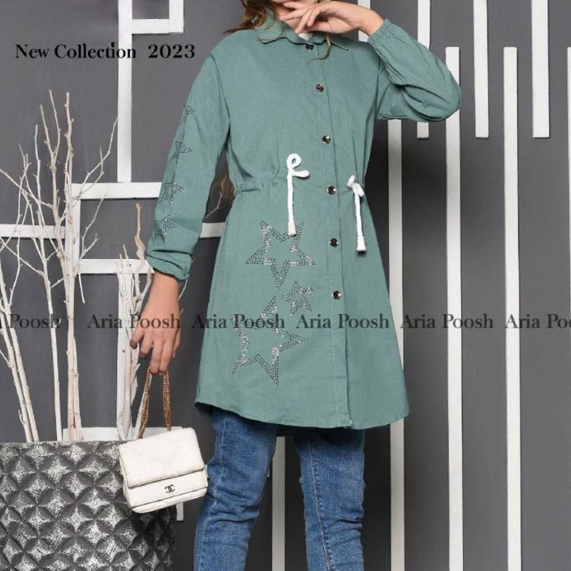 مانتو دخترانه نگین دار دو تکه سایز 65تا75