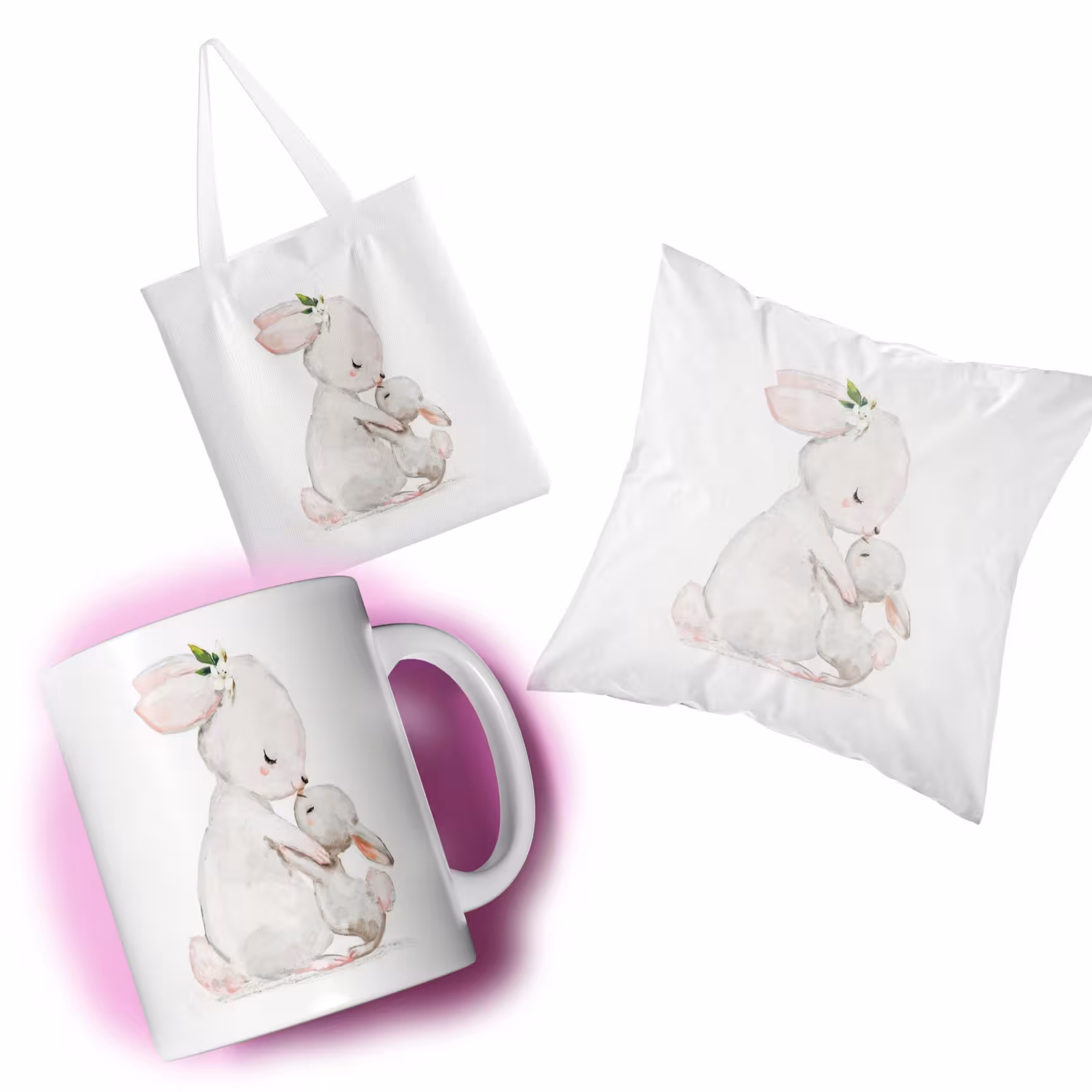 ست هدیه 3تکه طرح خرگوش مادر (طرح دلخواه شما هم پذیرفته میشود)ماگ و کوسن و ساک خرید 