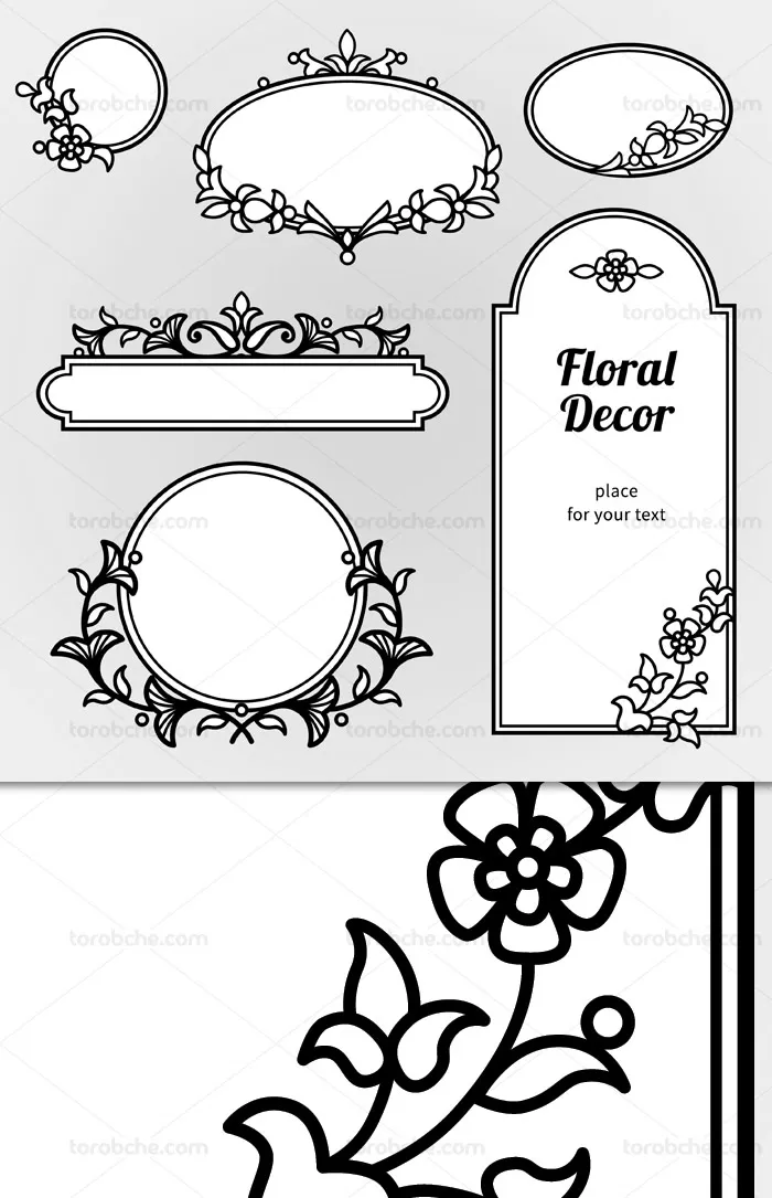 وکتور فریم و قاب های تک رنگ با گل و بته های تزئینی | گرافیک با طعم تربچه