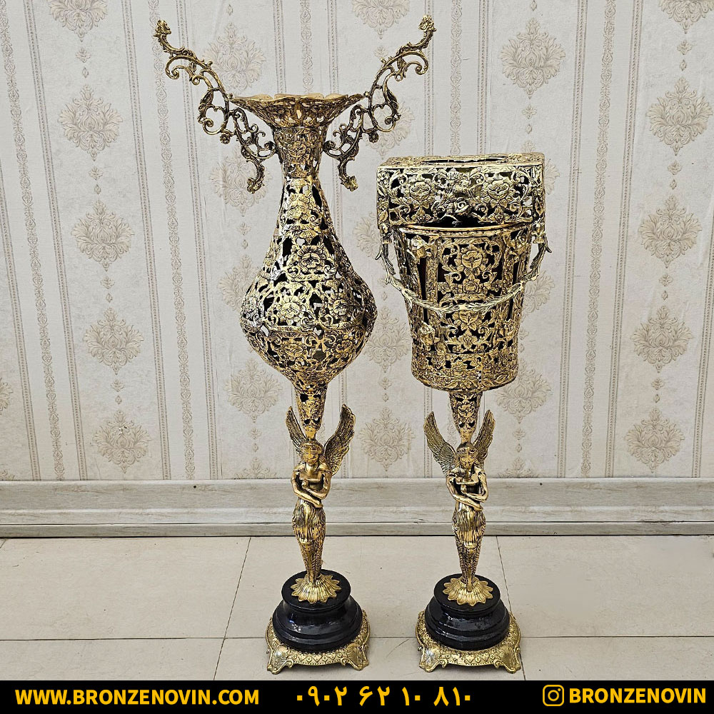 ست سطل و جا دستمال و گلدان برنز کنار سالنی مدل گل رز کد 1799