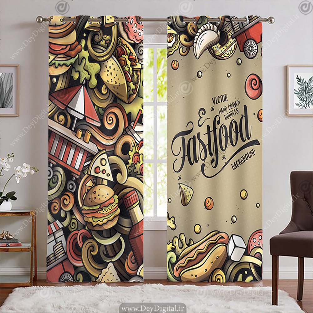 پرده پانچ طرح خلاقانه فست فود با تم و زمینه کرم قهوه ای BA-1544-s