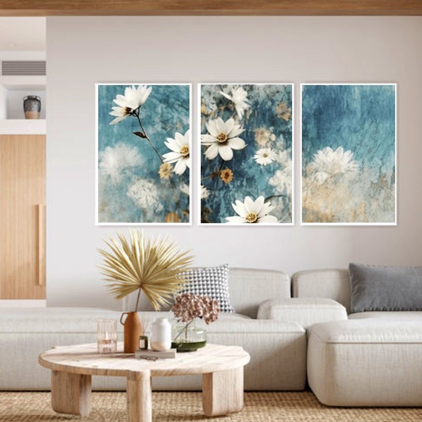 تابلو دکوراتیو طرح نقاشی گل سفید وزمینه آبی سه تکه 