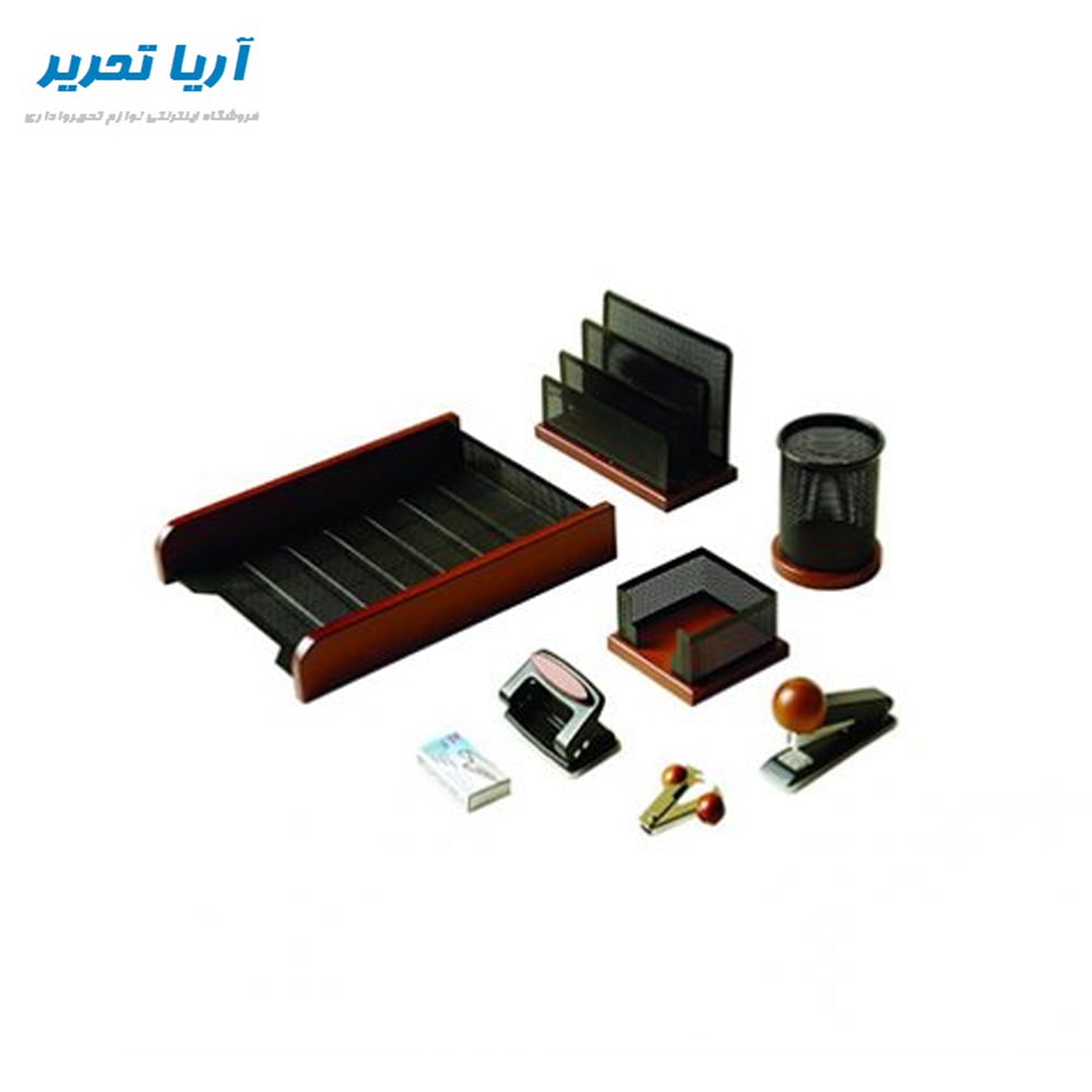 ست لوازم اداری رومیزی 8 تکه کازیه دار چوب و فلز جهان نما