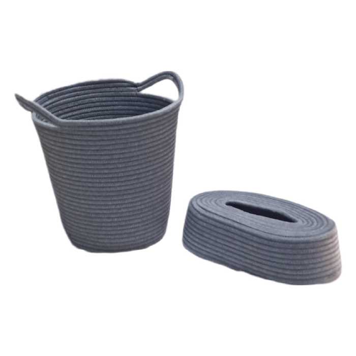 ست سطل و دستمال دوخت نخ و پنبه طوسی تیره