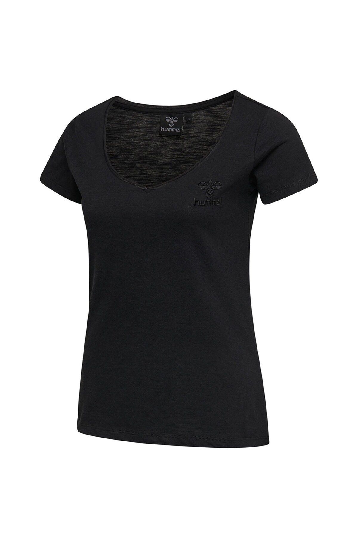 تی شرت ورزشی مشکی زنانه سیاه گرفتن یقه دور و سفید t shirt hummel