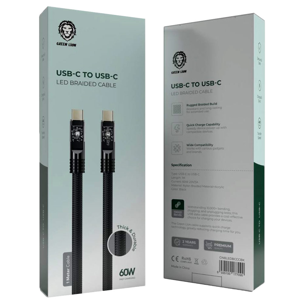 کابل شارژ USB-C به USB-C گرین لاین LED Braided طول 1 متر توان 60 وات