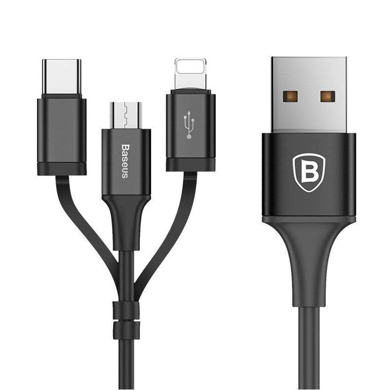 کابل تبدیل USB به microUSB/لایتنینگ/USB-C باسئوس مدل CA3IN1-ZY طول 12 متر