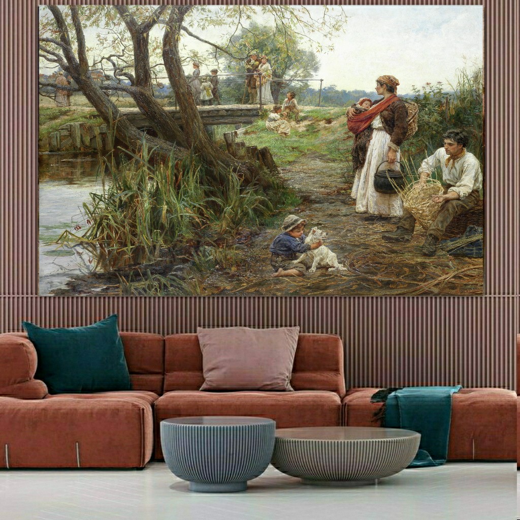 تابلو بوم طرح فرانسوی مدل خانواده در مزرعه کنار رود کد SDB2434