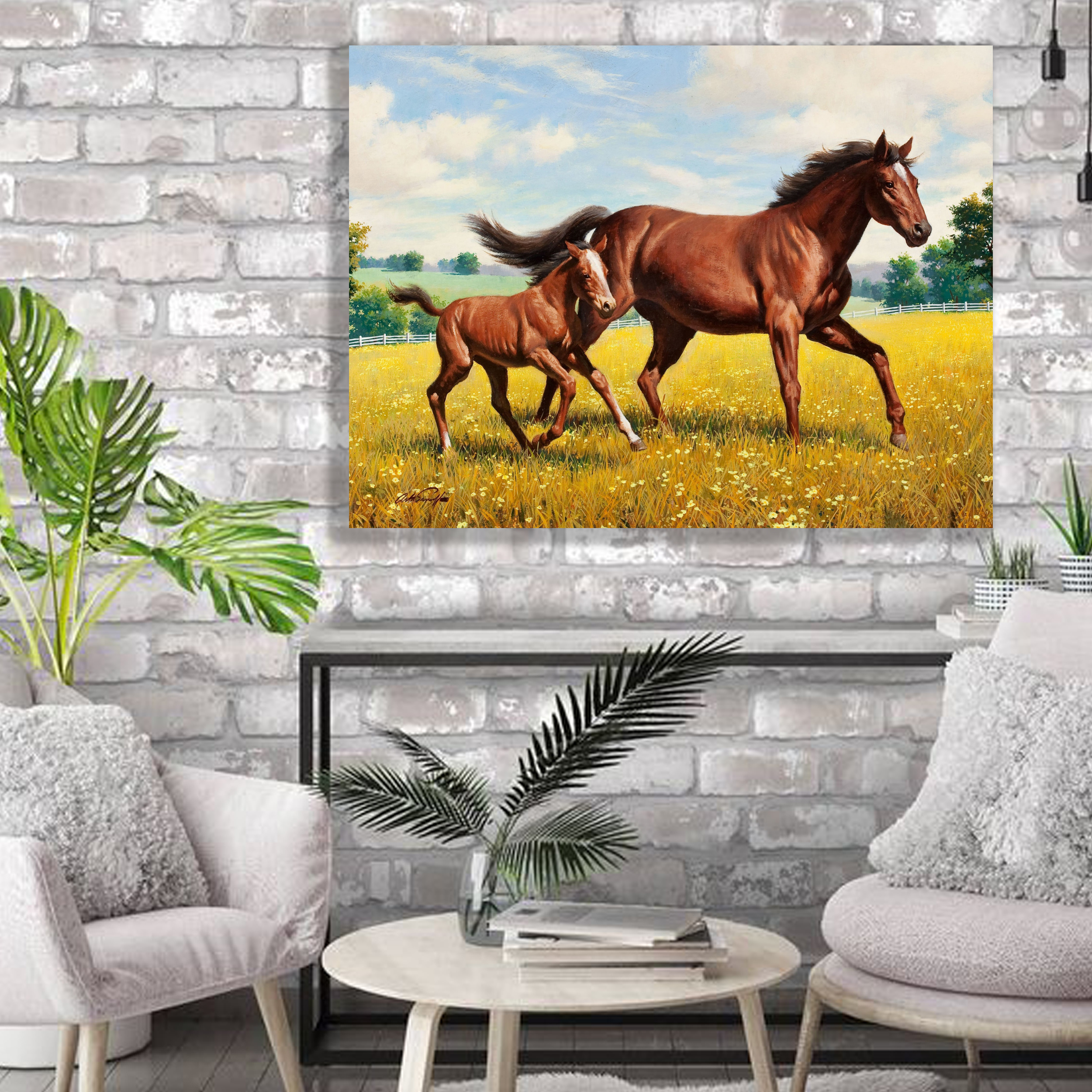 تابلو شاسی طرح نقاشی مزرعه اسب ها کد R004