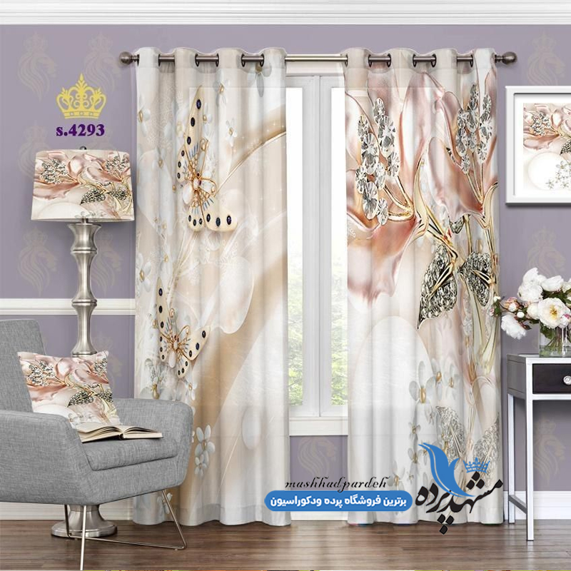 پرده پانچ گلدار طرح گل و پروانه مصنوعی کد s-4293