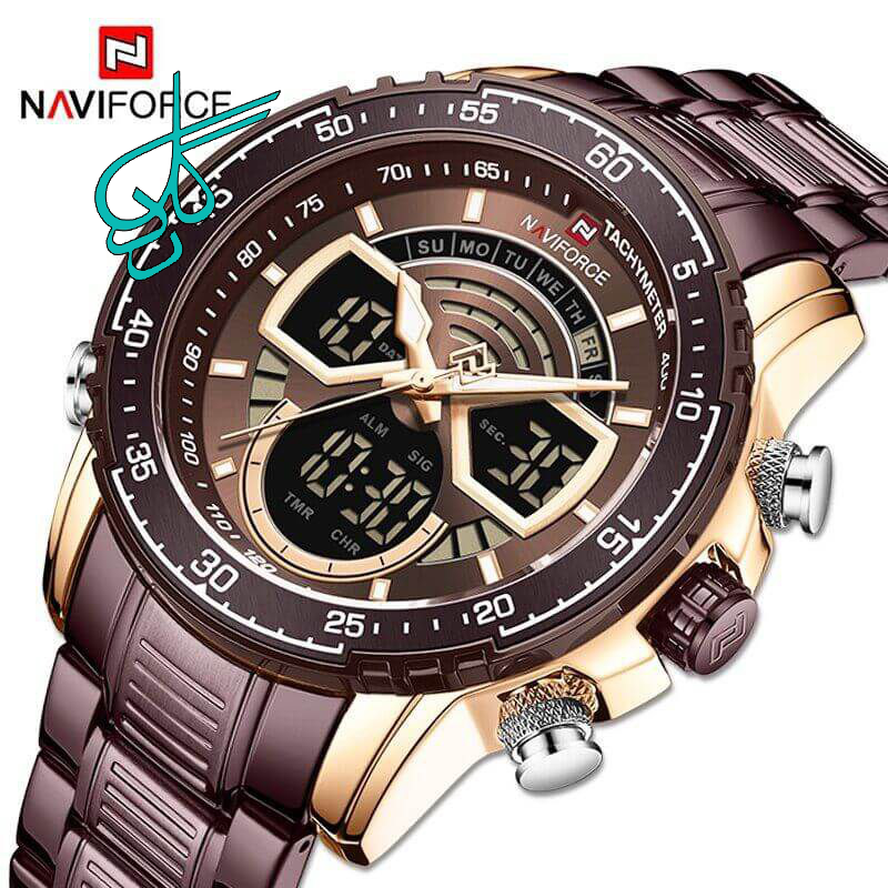 خرید ساعت مردانه فلزی naviforce موتور ژاپن ضدآب دو زمانه تقویم دار جنس بند استیل با کیفیت چراغ دار همراه با جعبه و کیف دستی کد 1918542 - ردگل