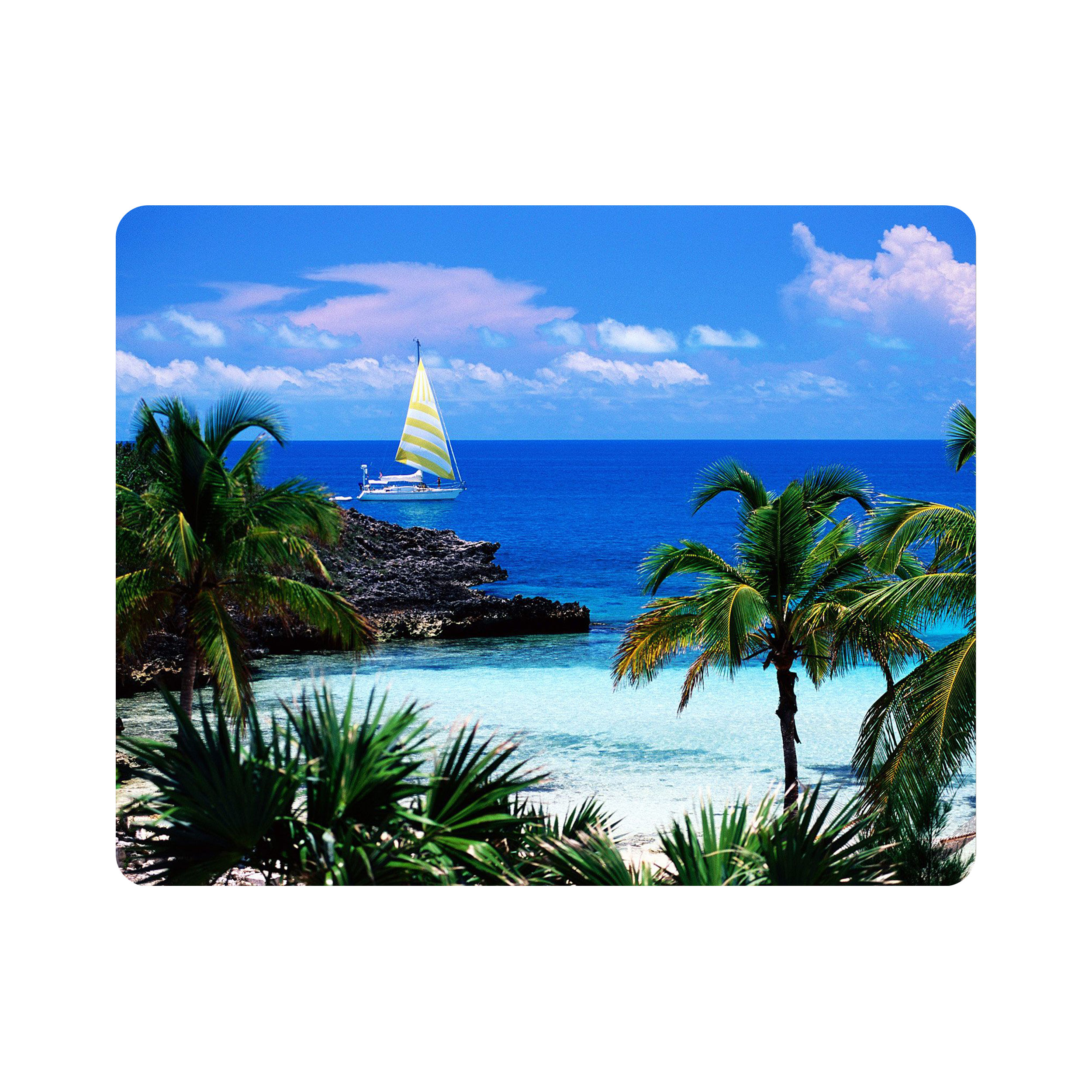 ماوس پد اطلس آبی طرح  دریا و آسمان و قایق و درخت و نخل مدل T7625