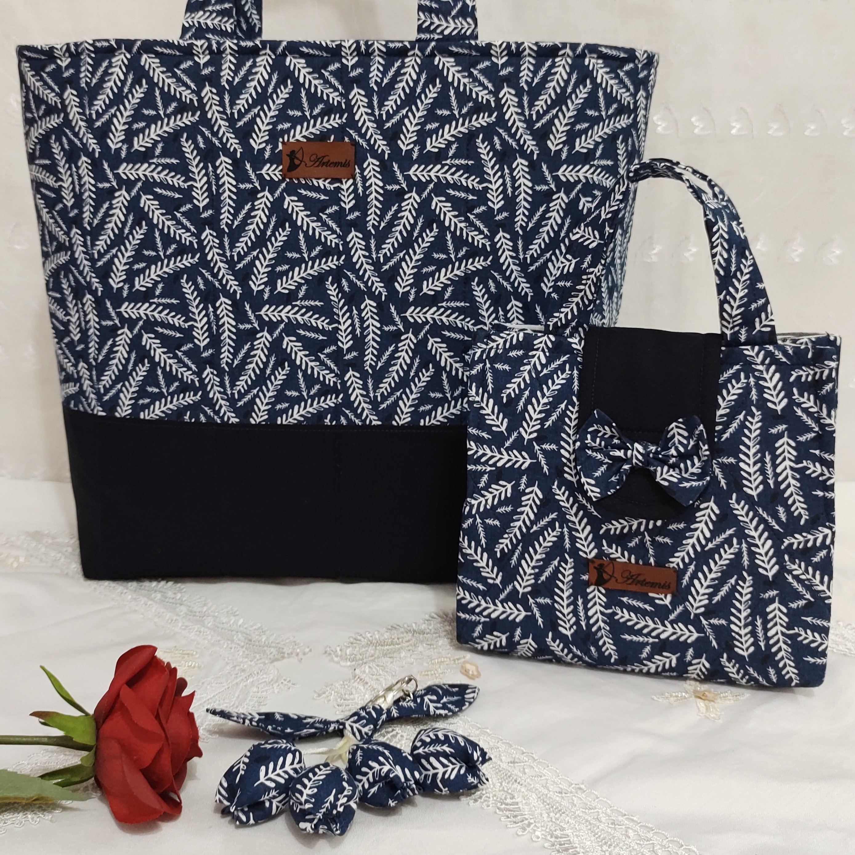 ست مادر ودختری کیف با پارچه کتان نخ ،کیف لوازم ، وجاکلیدی