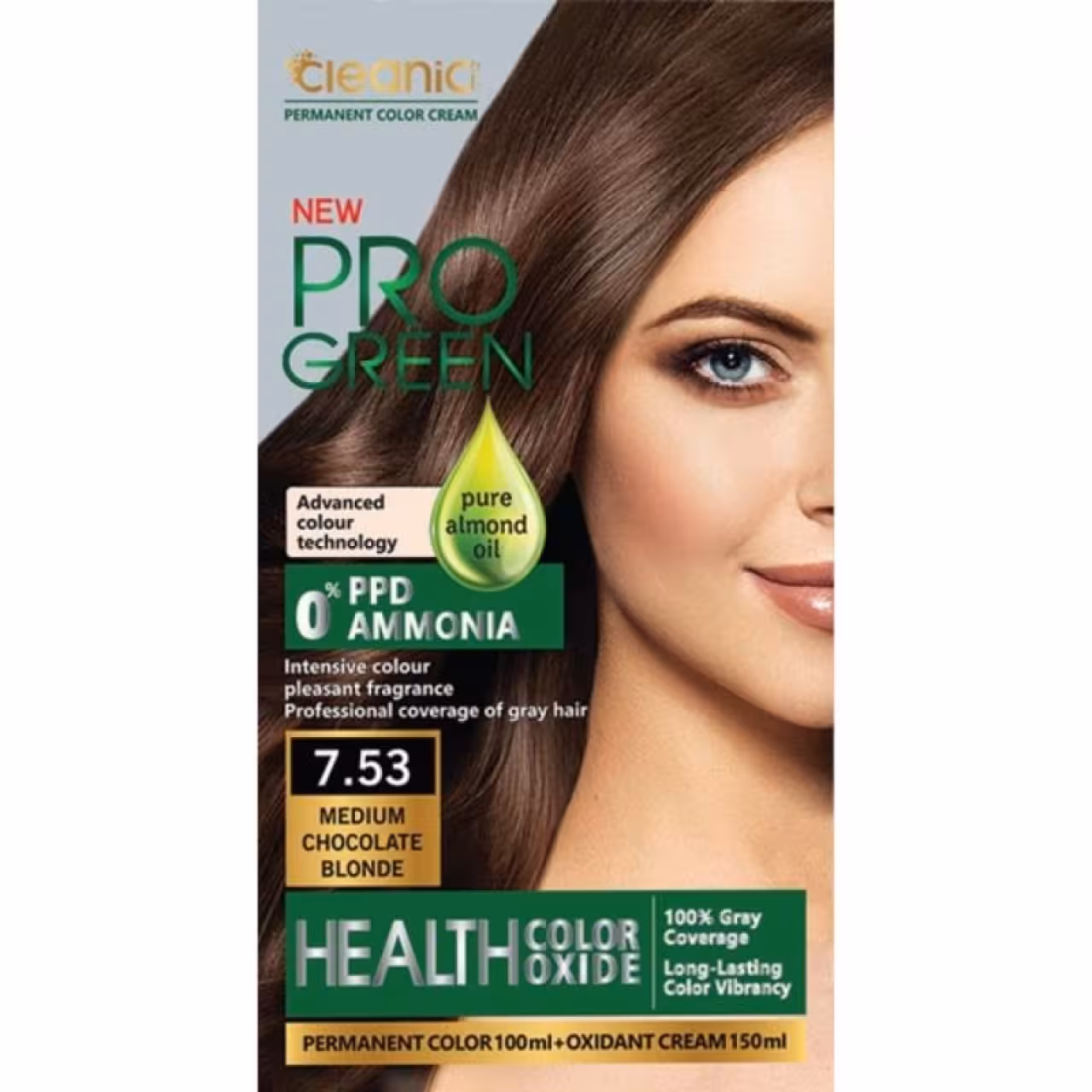 کیت رنگ موی بدون آمونیاک PRO GREEN رنگ بلوند شکلاتی متوسط 7.53 حجم 100 گرم