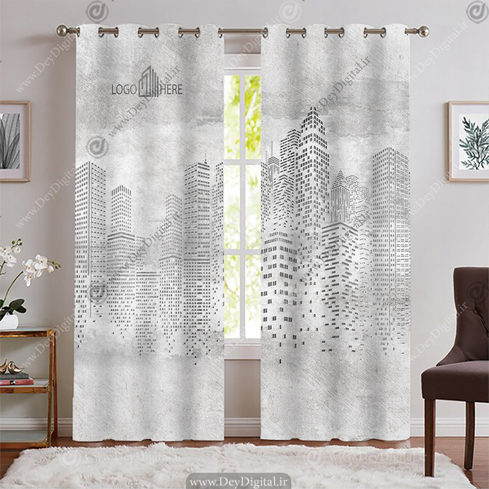 پرده پانچی طرح املاک طوسی روشن با زمینه پتینه سفید و طوسی BA-6877-s