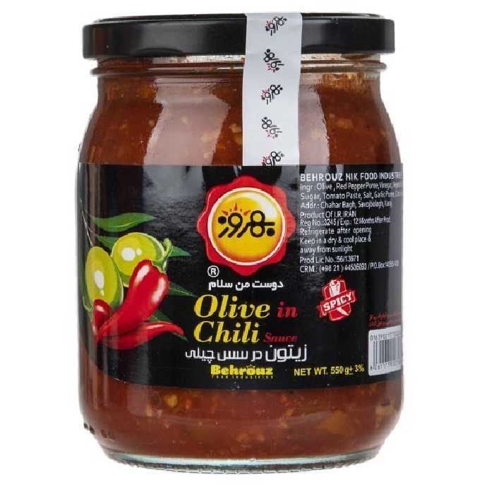 زیتون در سس چیلی بهروز مقدار 550 گرم | فروشگاه اینترنتی تاتا کالا
