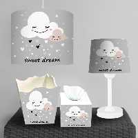 ست لوستر و ساعت اتاق نوزاد طرح ابر های خندان با زمینه طوسی روشن BA-9434