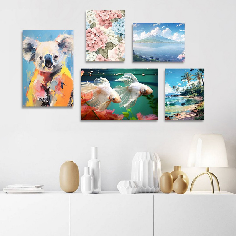 تابلو شاسی دنیای قابطرح نقاشی طبیعت و ماهی فایتر مدل SH-1372 مجموعه 5 عددی | دنیای قاب