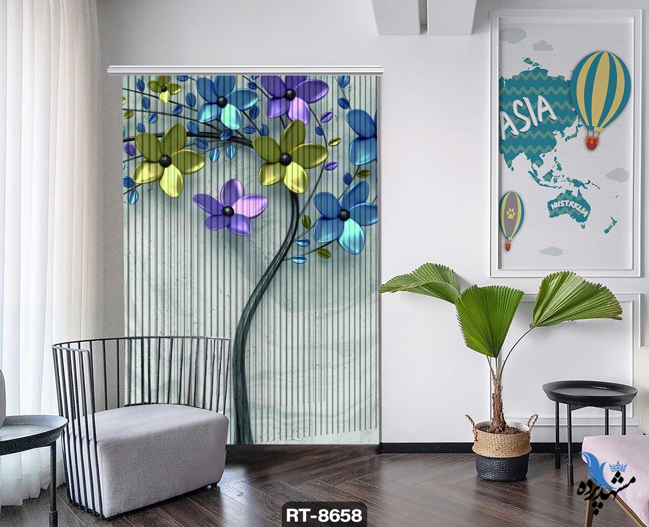 پرده شرشره تصویری طرح درخت شکوفه تزئینی RT8658