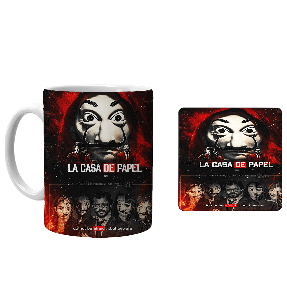 ماگ طرح سریال Money Heist خانه کاغذی مدل xn7 به همراه زیرلیوانی
