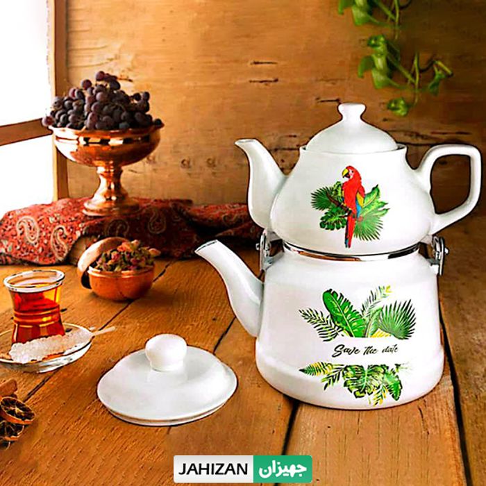 کتری و قوری لعابی طرح طوطی قرمز