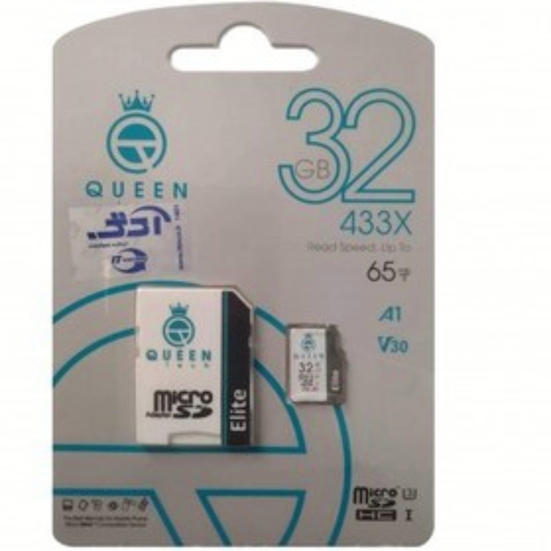 کارت حافظه Queen tech 32G دارای گارانتی مادام العمر آیتین کلاس 10 سرعت 65 مگابایت برثانیه همراه با آداپتور اورجینال 