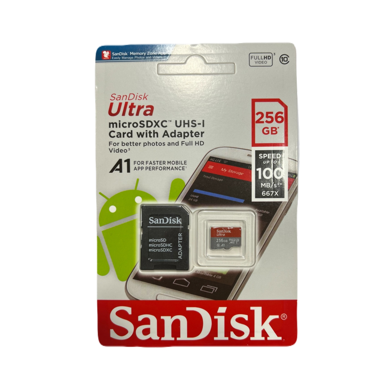 کارت حافظه microSDXC سن دیسک مدل Ultra کلاس A1 استاندارد UHS-I U3 سرعت 100MBps ظرفیت 256 گیگابایت همراه آداپتور SD