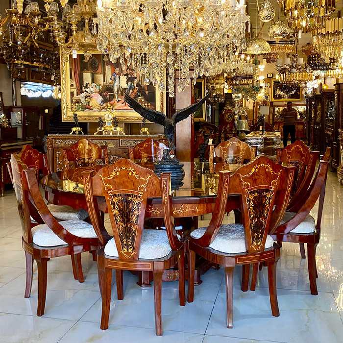 میز ناهارخوری ده نفره گرد قهوه ای معرق