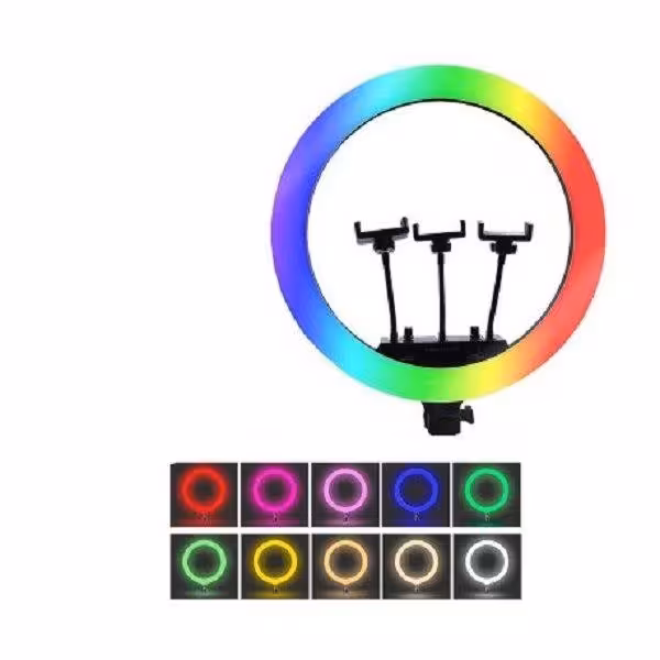 رینگ لایت14 اینچ با نورهای مهتابی ، آفتابی ،  صدفی و نور RGB و رقص نور با قطر 36 سانت دارای ریموت کنترل و RGB