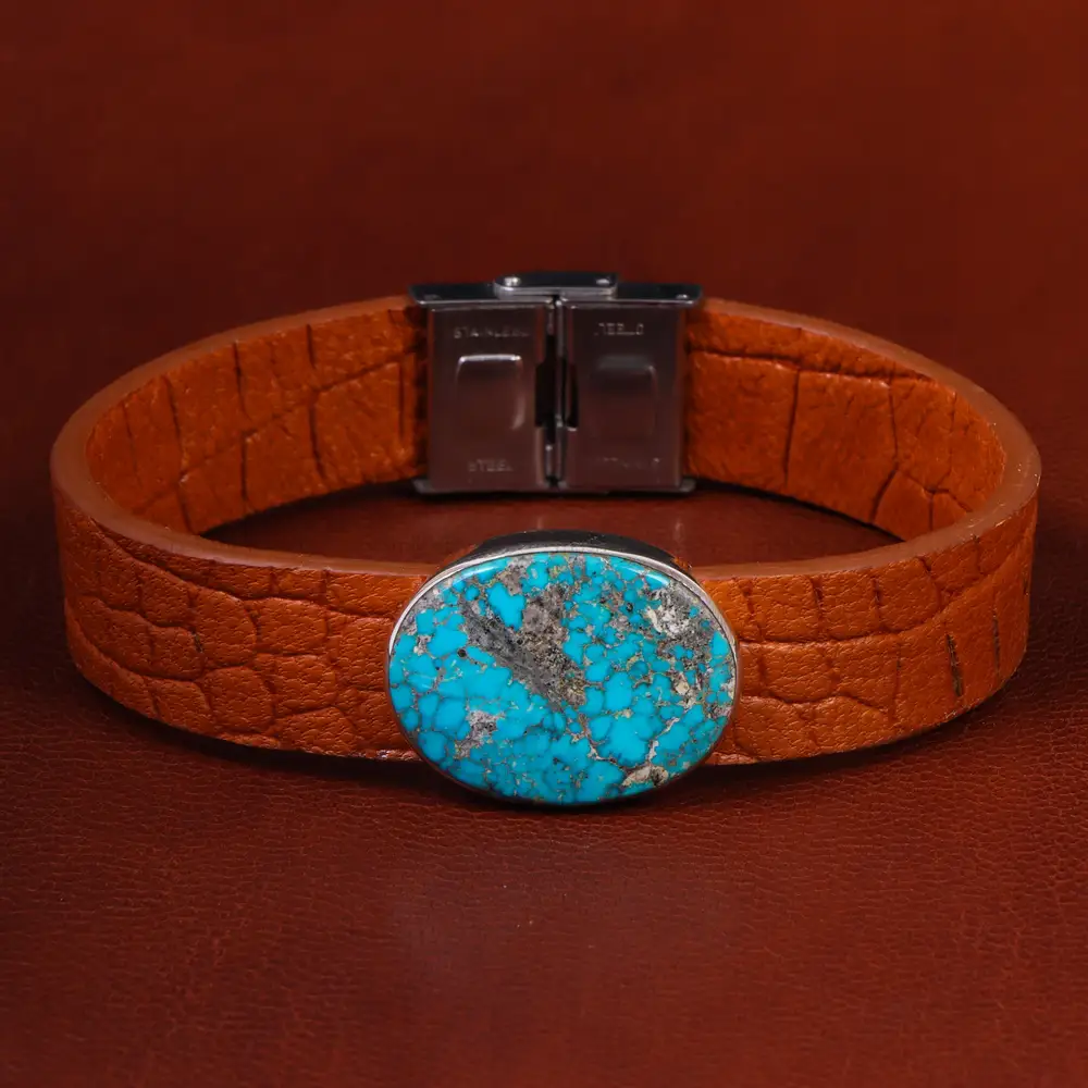 دستبند چرم فیروزه کد 22965 - جواهری مشاهیر