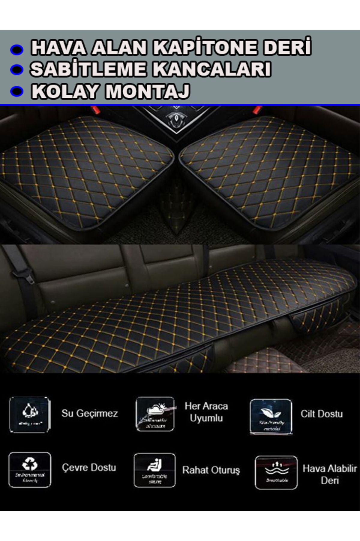 روکش صندلی خودرو زرد TOYOTA COROLLA HYBRID 2019 و بعد از تیم 3 کوسن سیاه خیاطی رنگ Genel Markalar
