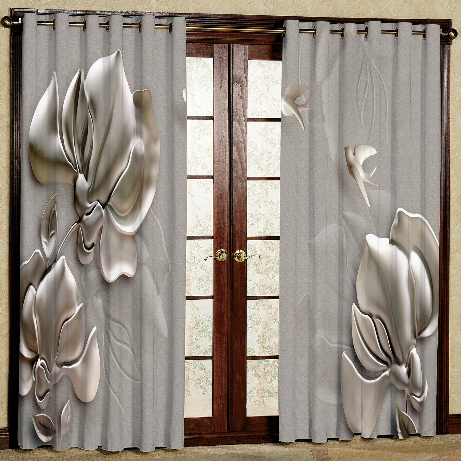  پرده مدل گل و پرنده مخمل پانچی کد 1216 سایز 140x280 سانتی متر