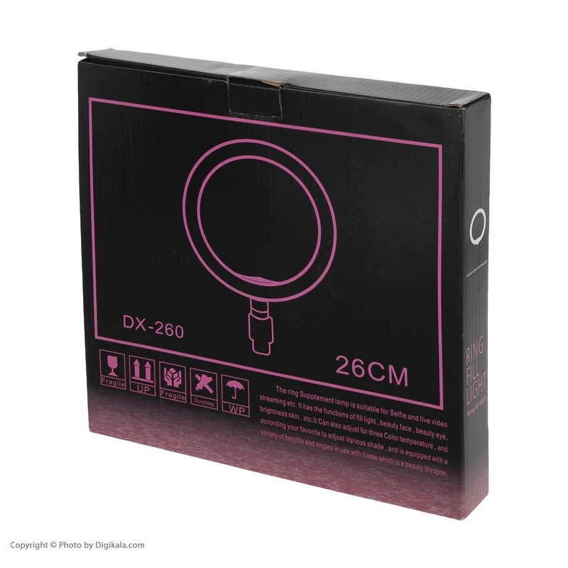 رینگ لایت dx 260 سایز 10 اینچ کیفیت اصلی با سه پایه قابل تنظیم 2متری دارای سه نور آفتابی و مهتابی و ترکیبی