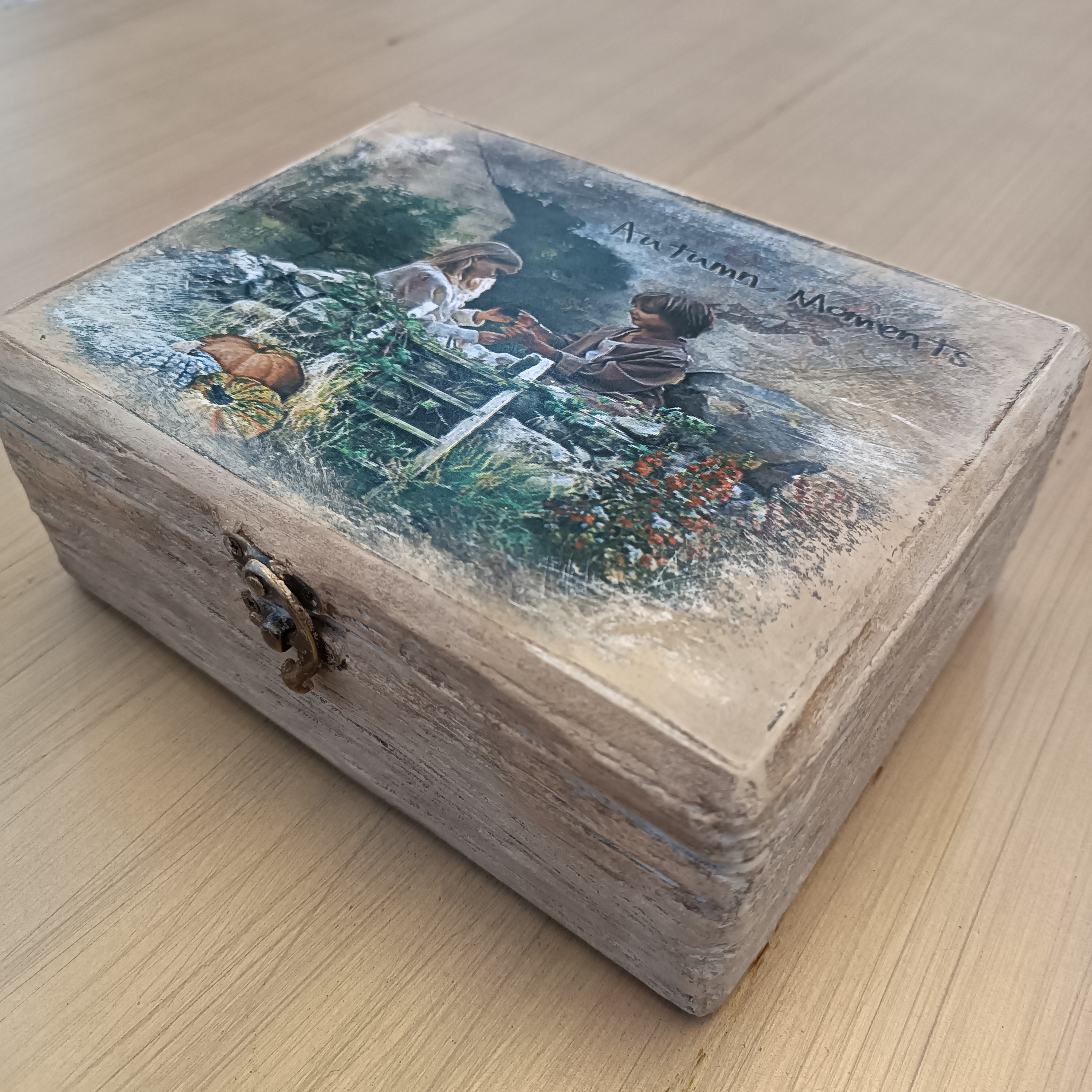 جعبه چوبی جواهرات تنقلات پذیرایی هدیه دکوپاژ  پتینه دست ساز