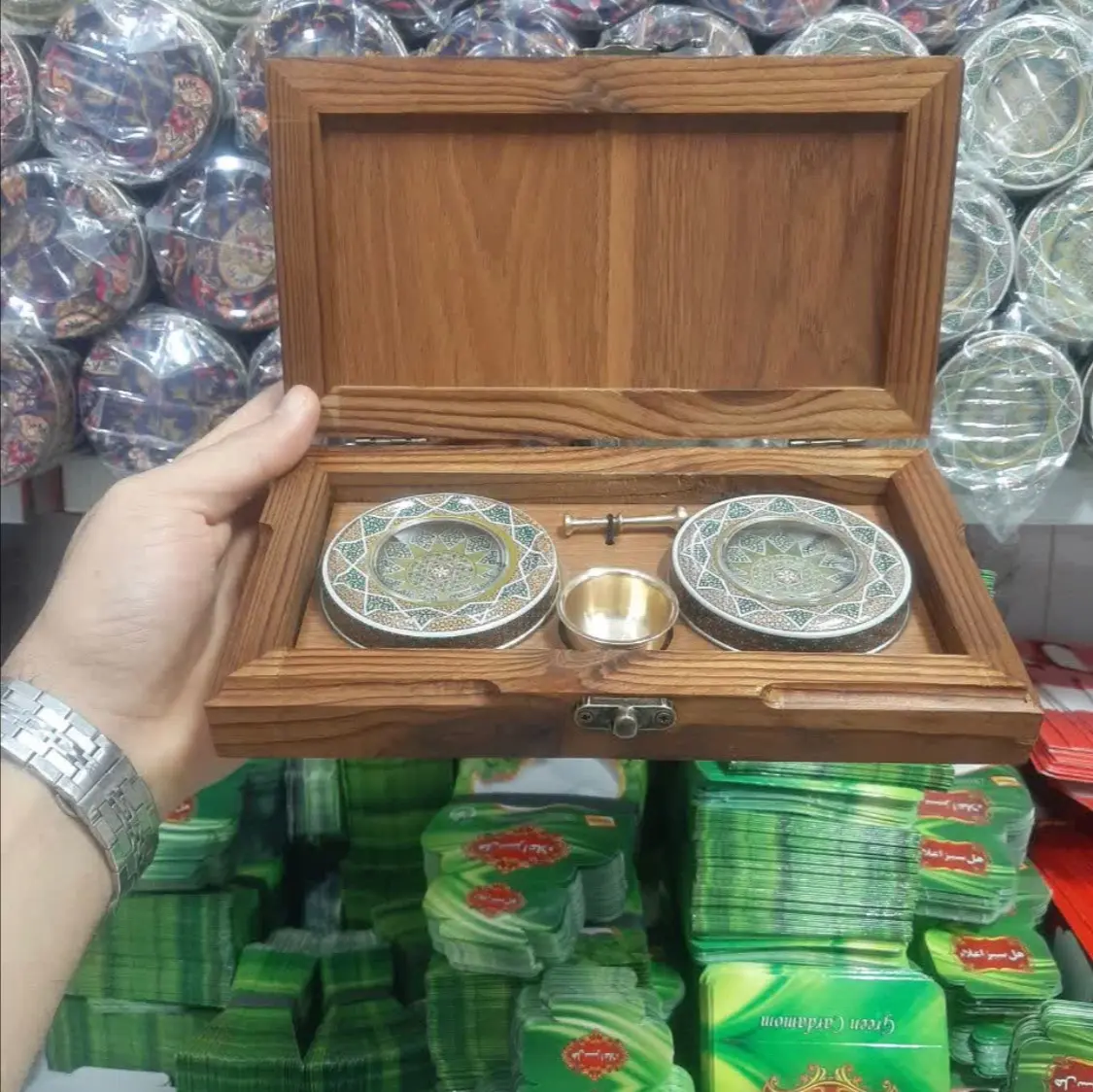 جعبه چوبی دو خاتم 3 گرم و هاون برنجی (سبک مناسب صادرات)
