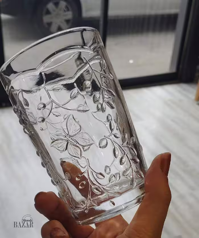 لیوان شیشه ای گل و پروانه چین