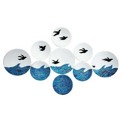 بشقاب دیوارکوب سفالی طرح دریا کد D113-A مجموعه 9 عددی