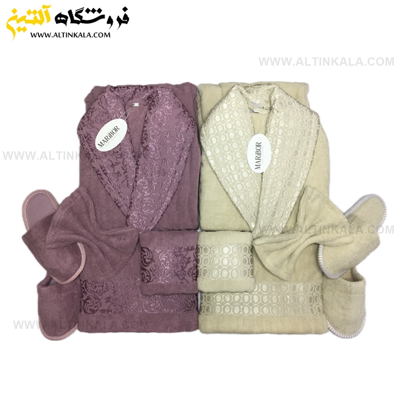 سرویس حوله عروس و داماد 12تکه یقه ابریشم برند MARIBOR