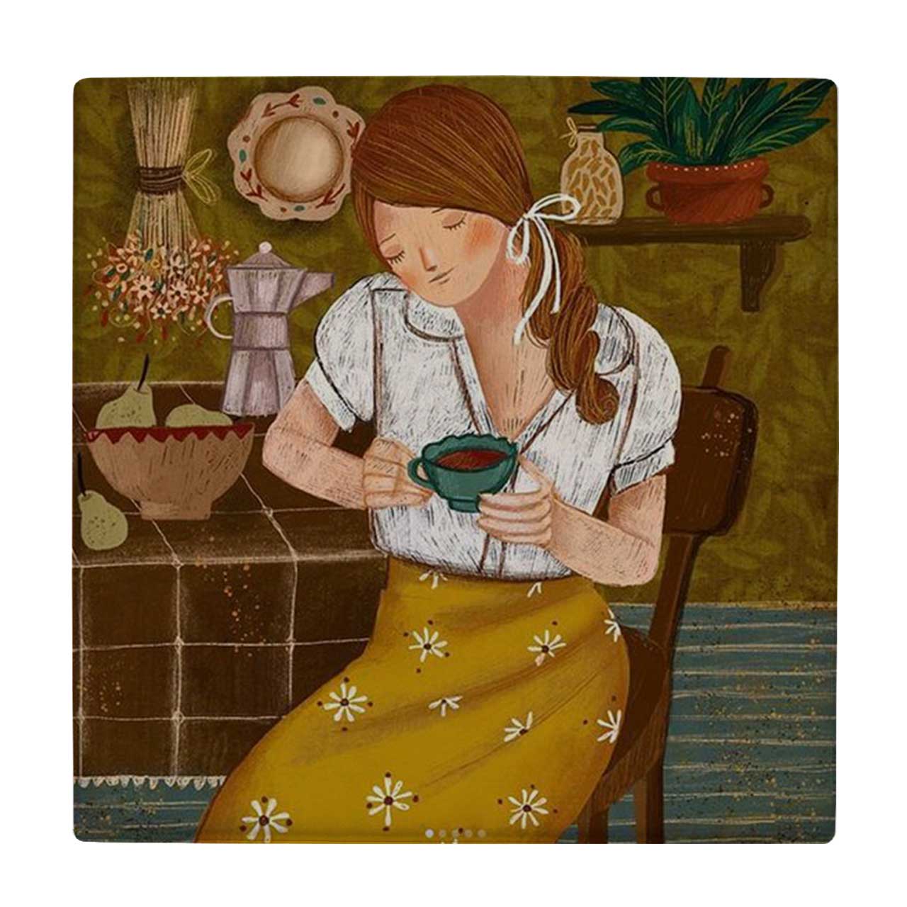 کاشی طرح دختری با فنجان چای کد wk869