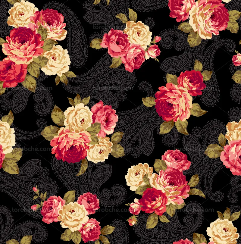 وکتور پترن گلهای قرمز با ترمه مناسب برای طراحی | گرافیک با طعم تربچه