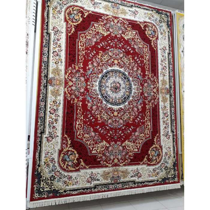 فرش ماشینی 1200 شانه اصل تراکم 3600 طرح شانار زمینه لاکی 12 متری جنس اکرولیک یا اکریلیک